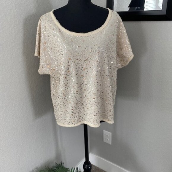 H&M Beige/Cream/Ivory Sequin Short Sleeve Boxy Blouse Top Medium - Picture 1 of 16